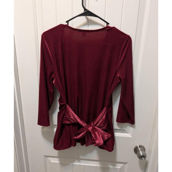 Express Red Velour Dressy Casual Wine Colored Blouse Wrap Top Tie Back Size L - Picture 6 of 10